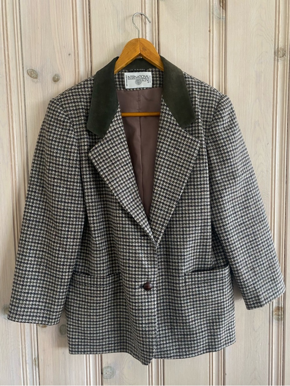 Vintage International Scene Wool Houndstooth Plaid Blazer – Suede Collar